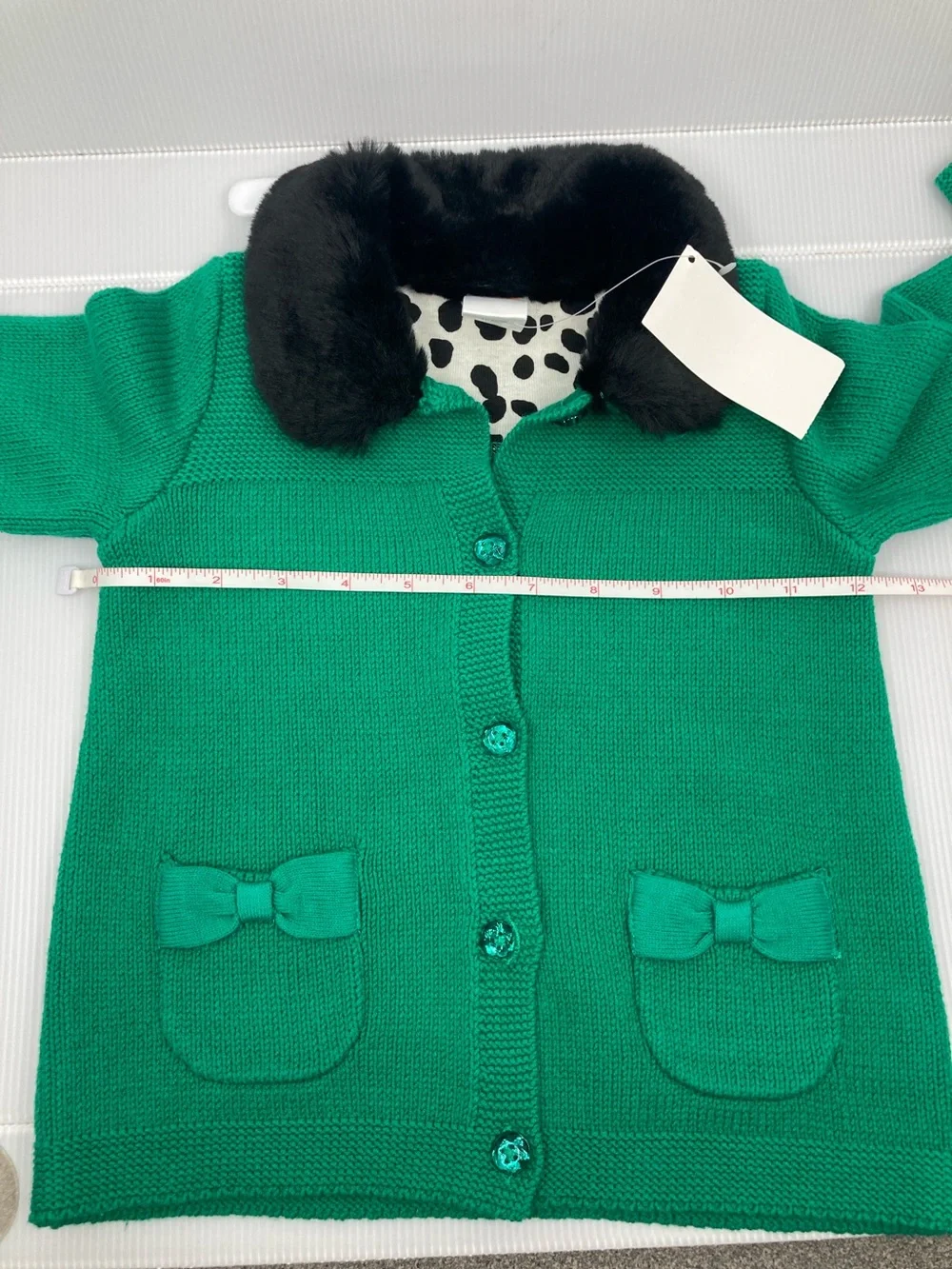Gymboree Faux Fur Collar Knit Cardigan Sweater Bow Pockets Green NWT S601